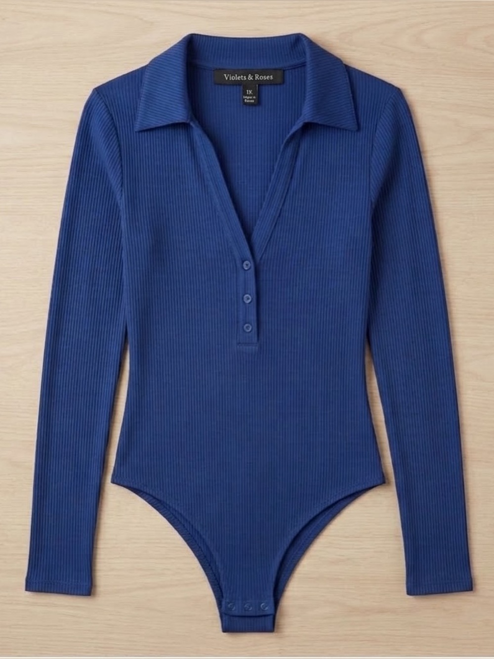 Violet & Roses Blue Ribbed Bodysuit V-Neck Collared Long Sleeve Large